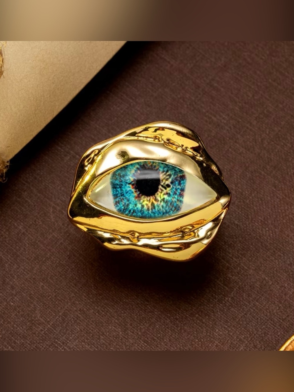 Schiaparelli Inspired Gold Eye Ring with Teal Blue Iris